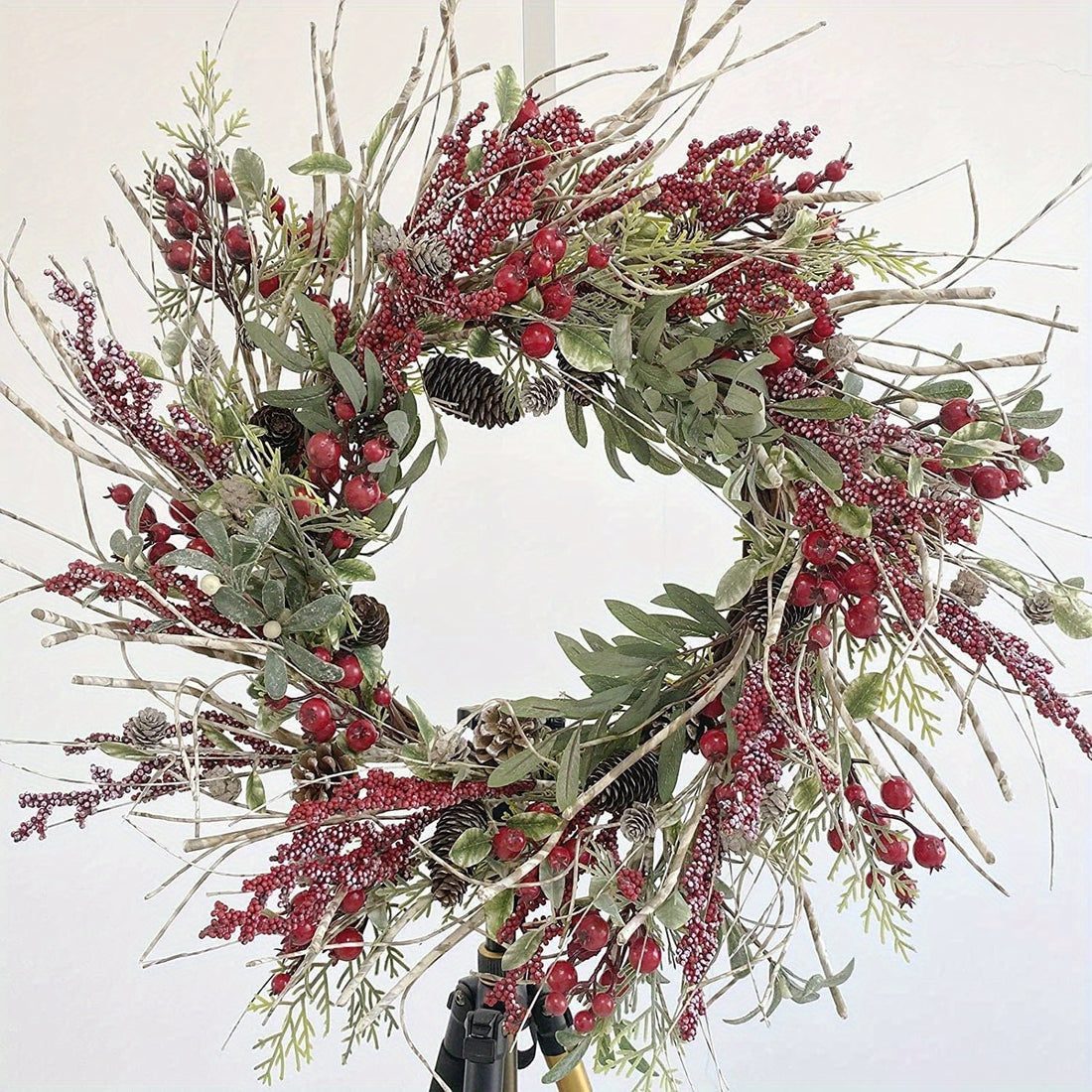 26 Inch Spring Birch Wreath Front Door Red Berry Pine Needle Farmhouse Wreath Fall Front Door Wreath for Holiday Celebration Front Door Wall Window Christmas Decoration Home Decor