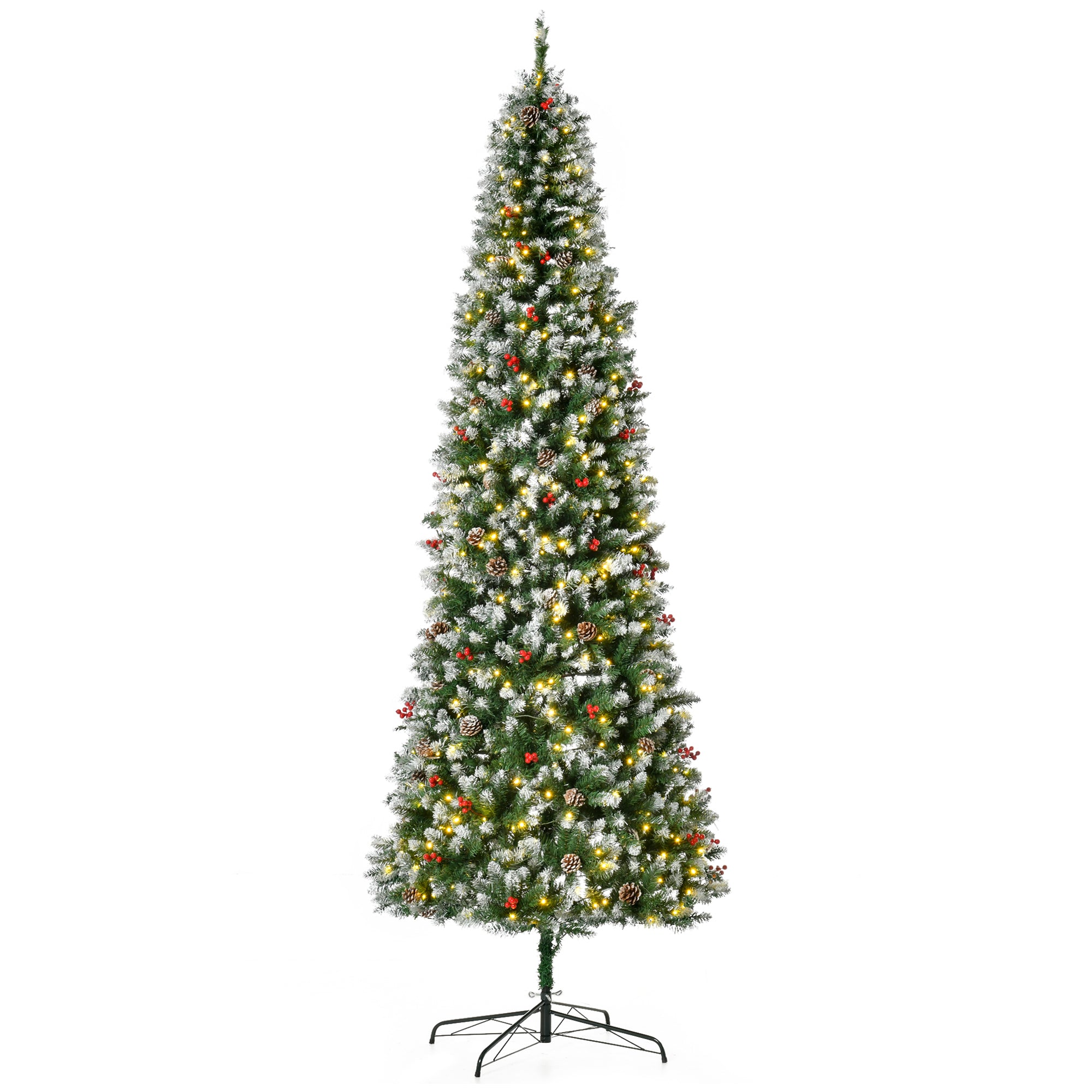 9ft Pre-Lit Snow-Dipped Artificial Christmas Tree with Realistic Branches, 460 LED Lights, Pine Cones, Red Berries and 1298 Tips