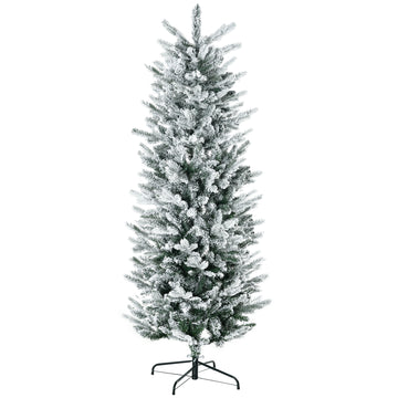 6ft Tall Flocked Artificial Christmas Tree Holiday Décor with 477 Snow Branches, Auto Open, Steel Base, Green