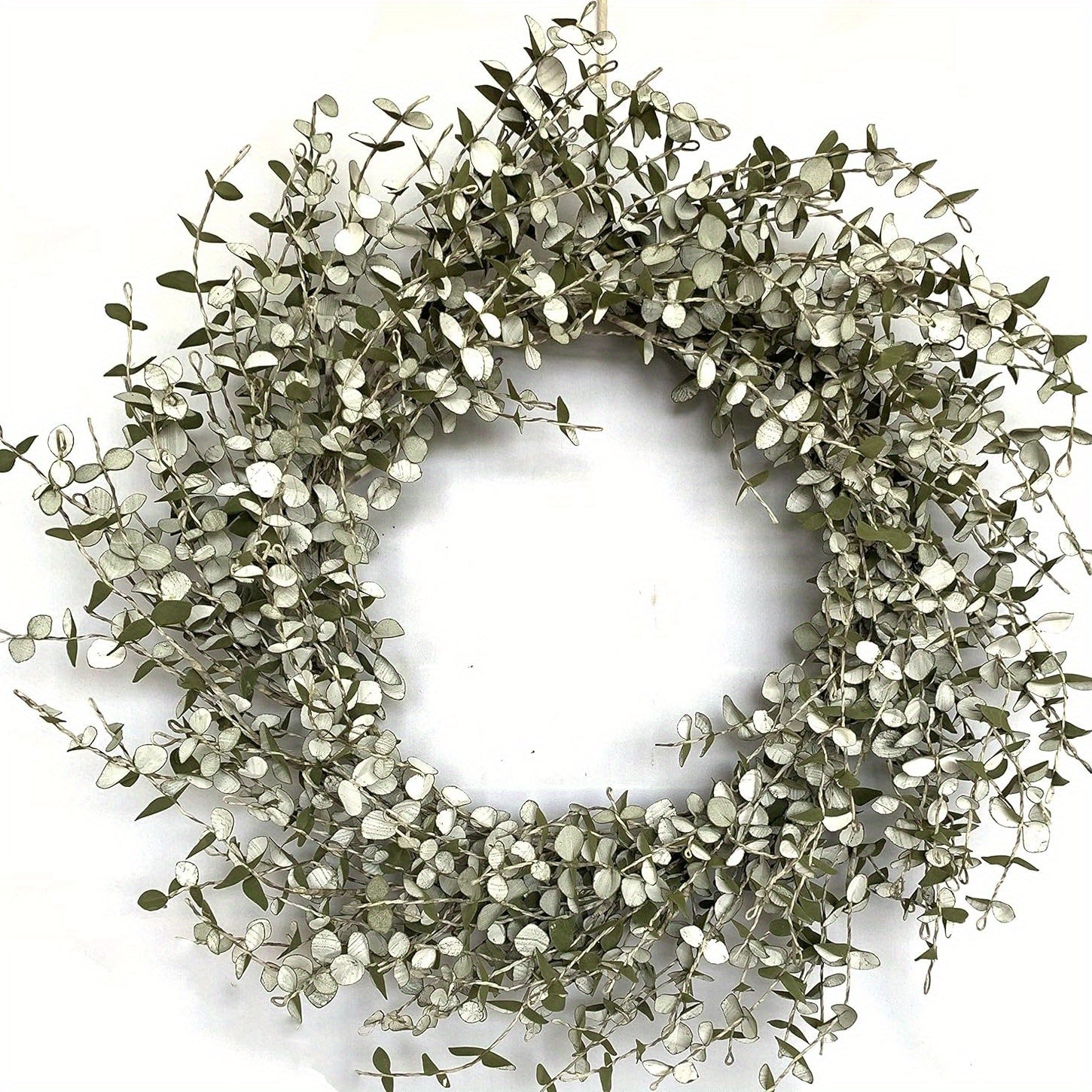 24 Inch Mini Eucalyptus Foliage Wreath with EVA Washed White Leaves and Green Twigs Grapevine Farmhouse Wreath for All Season