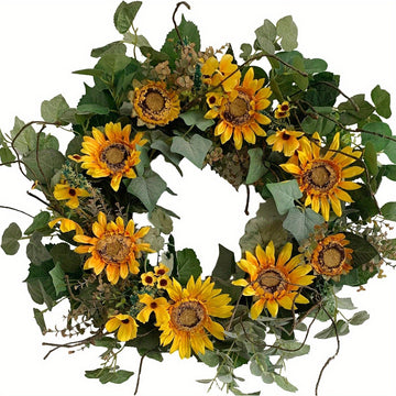 24 Inch Sunflower Wreath with Green Leaves Fall Wreath on Grapevine Base Summer Front Door Wreath