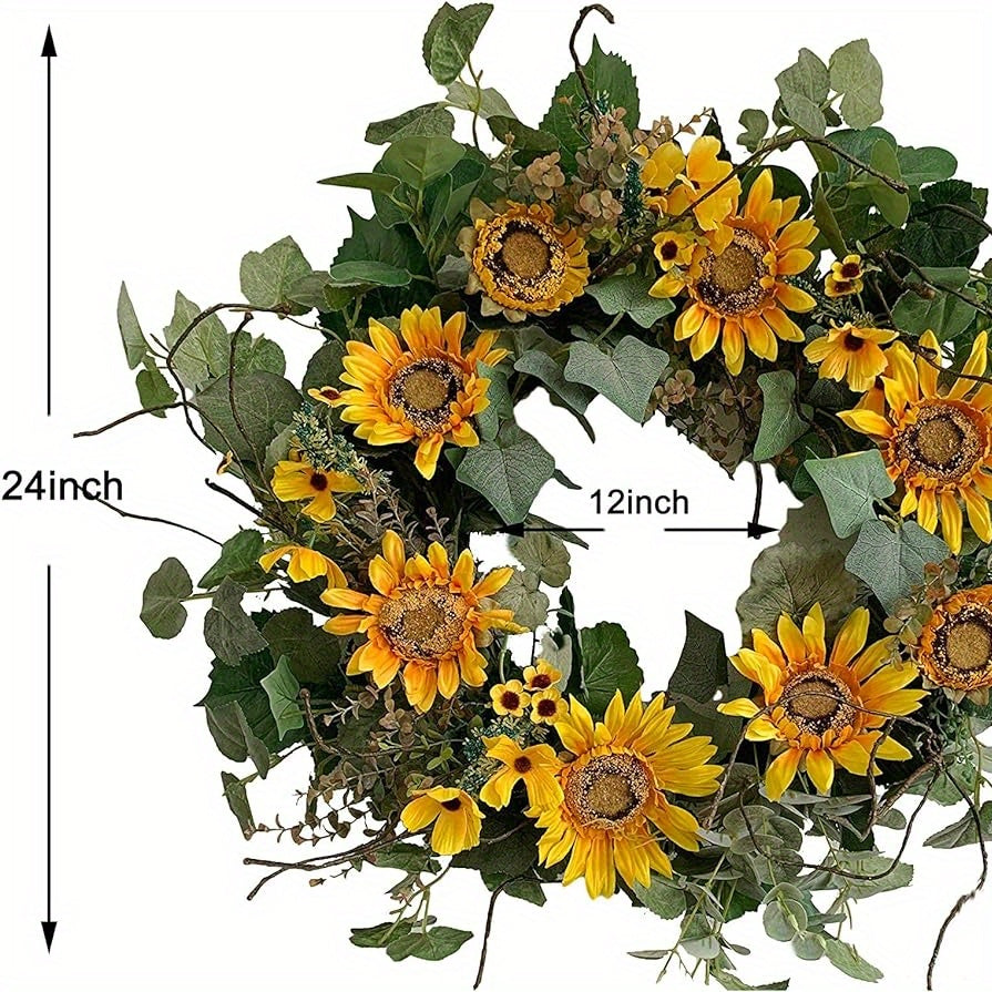 24 Inch Sunflower Wreath with Green Leaves Fall Wreath on Grapevine Base Summer Front Door Wreath