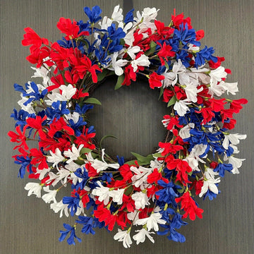 4th of July Wreath, 24 inch America Patriotic Door Wreath Red White and Blue Berry Forsythia Wreath