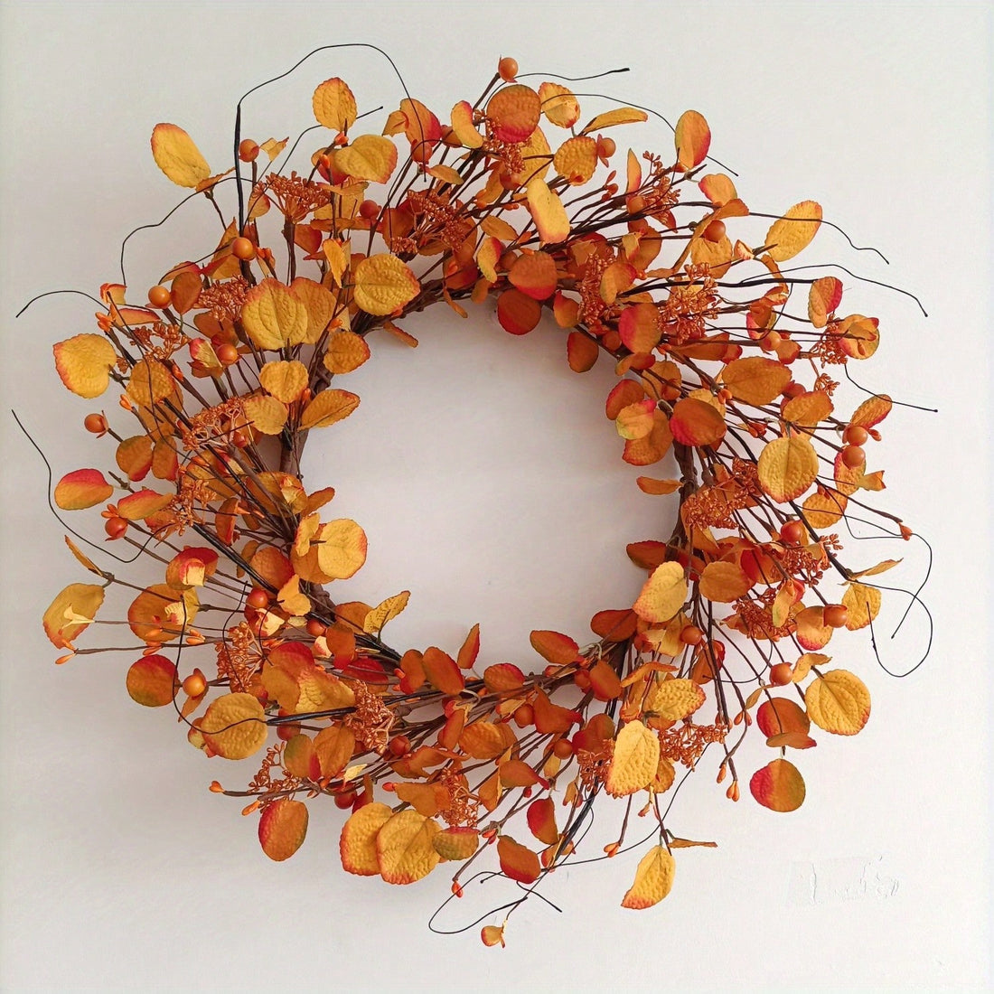 Fall Wreaths for Front Door, 22 inch Autumn Wreath with Artificial Golden Eucalyptus Leaves and Dry Vine Branches