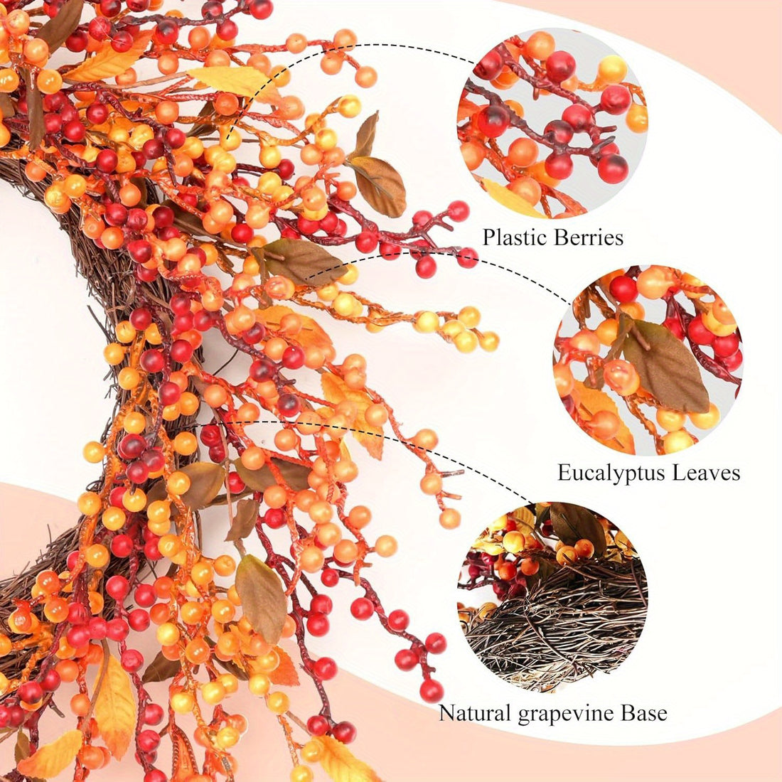 24 Inch Fall Front Foor Wreath, Orange Berries Leaves Grapevine Wreath for Farmhouse Window Hanging Home Decor orange berry fall wreath fall berry wreath orange berries wreath wreath berry