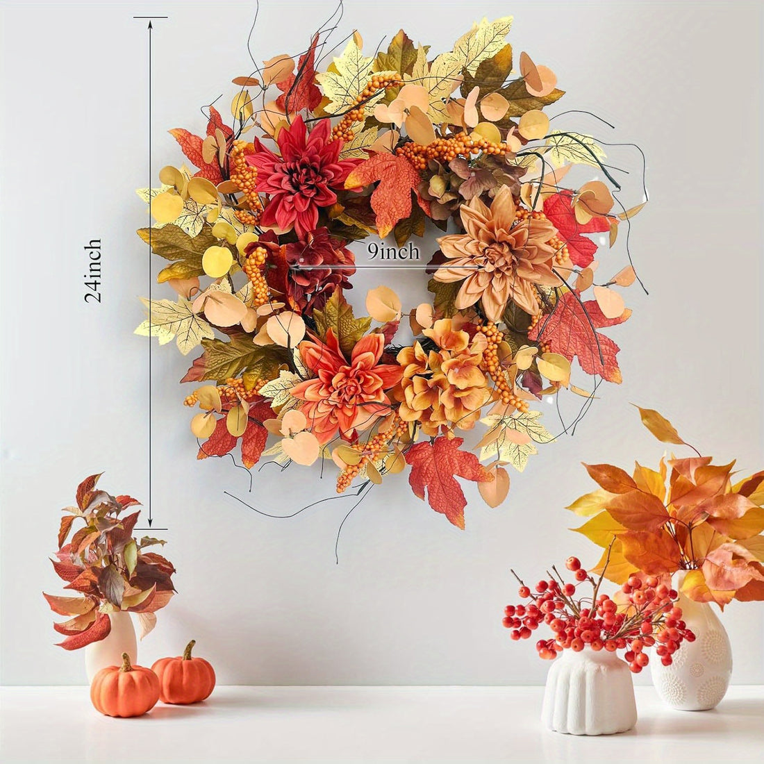 24 Inch Fall Wreaths for Front Door with Maple Leaves Dahlia, Fall Door Wreath Autumn Wreath