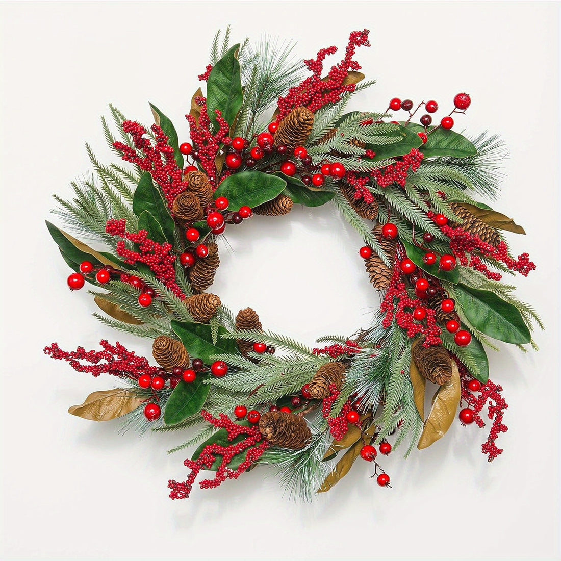 24 inch Winter Front Door Wreath with pine cones and red berries, PU magnolia, PVC washed needles, Winter Front Door Wreath Perfect for indoor or outdoor decoration