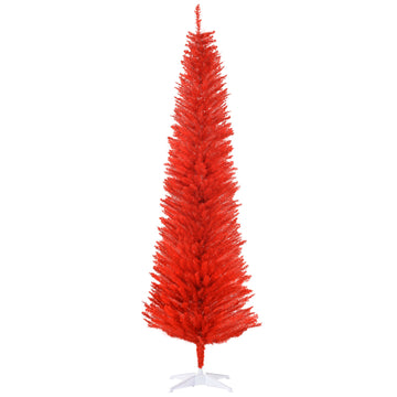 7' Artificial Pencil Christmas Tree, Slim Xmas Tree with 499 Realistic Branch Tips and Plastic Stand, Red