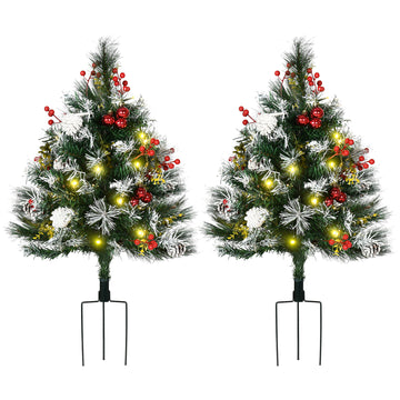 2.5 Ft/30" 2 Pack Outdoor Entryway Pre-Lit Artificial Christmas Tree Cordless with 70 Branches, Warm White LED lights, Red Berries, Pine Cones, Balls, Green