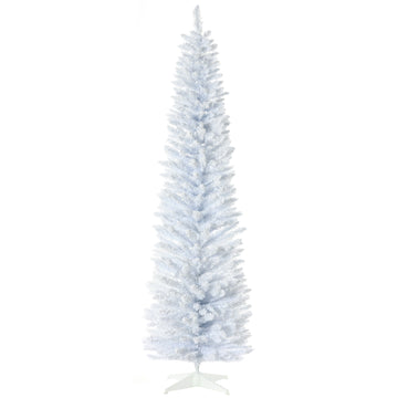 7' Snow Flocked Artificial Pencil Christmas Tree, Slim Xmas Tree with Realistic Branches and Plastic Base Stand for Indoor Decoration, White