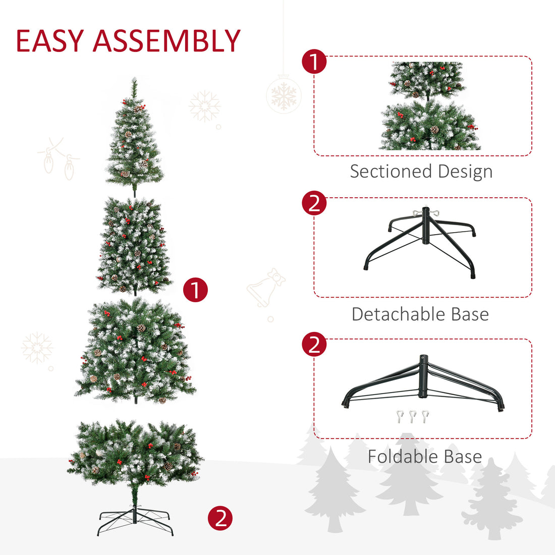 9ft Pre-Lit Snow-Dipped Artificial Christmas Tree with Realistic Branches, 460 LED Lights, Pine Cones, Red Berries and 1298 Tips