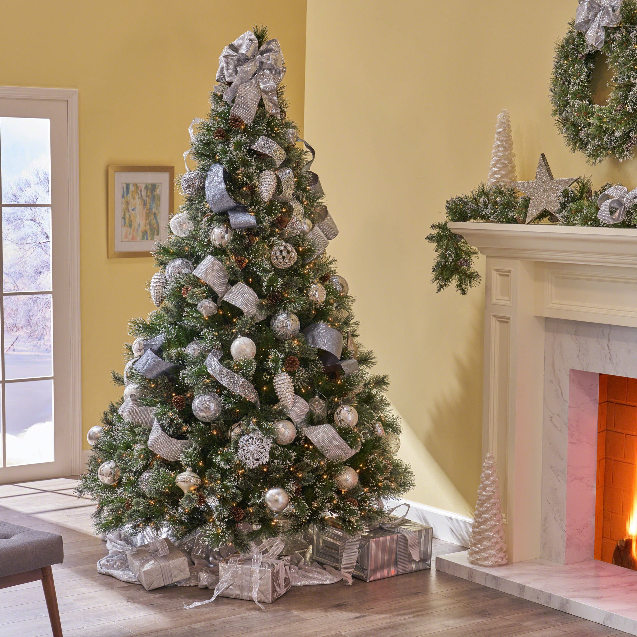 9' Cashmere and Snow Bristle Mixed Tree with 105 Pine Cones and 1200Clear Lights-UL,2317tips,Dia:69