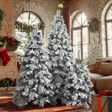 Pre-Lit Spruce Snow Flocked Xmas Tree Set - 4FT, 6FT, 7.5FT with Pine Cones, PE & PVC Mixed Leaves, Artificial Hinged Xmas Tree with 820 LED Lights & 11 Flashing Modes, Perfect for Holiday Decoration