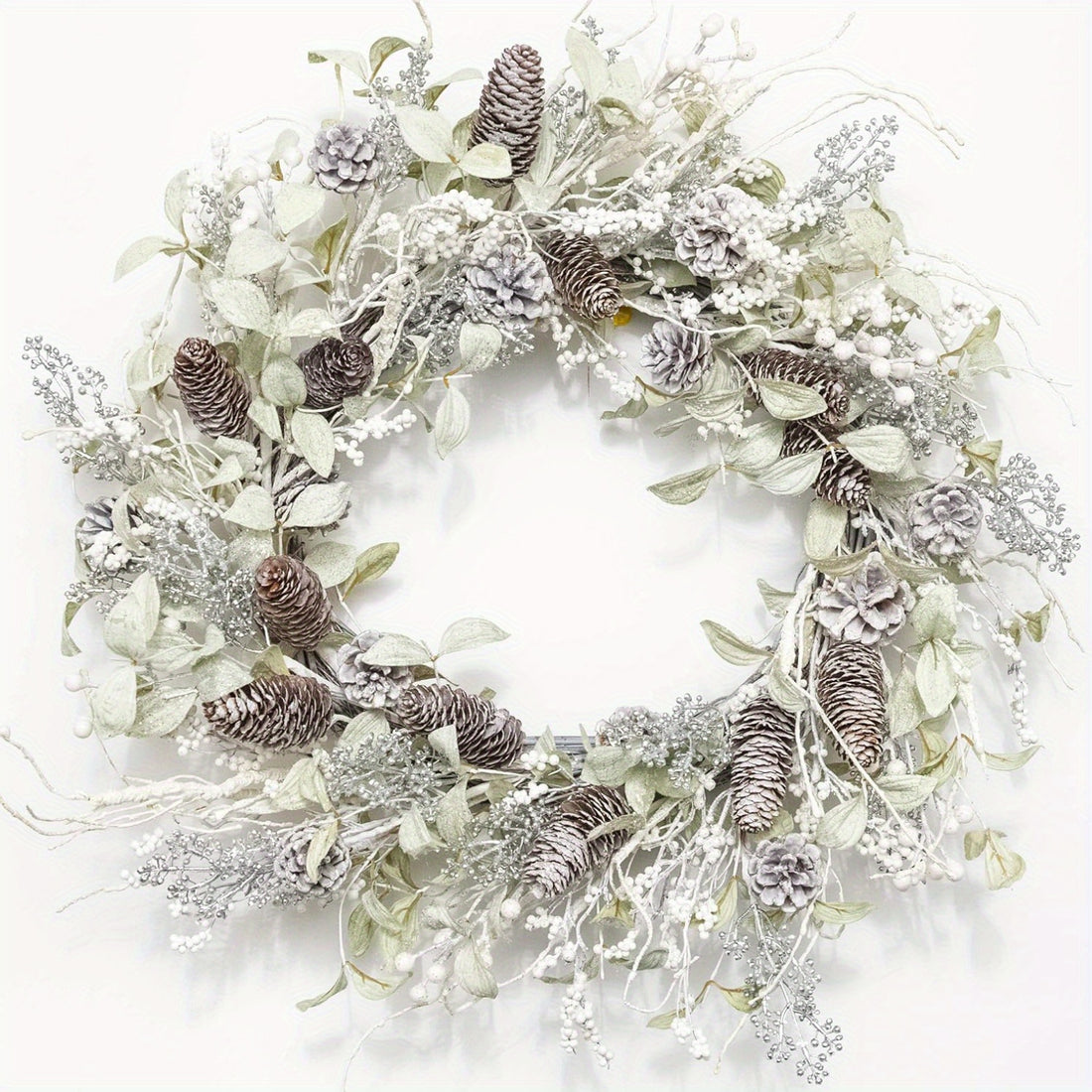 26 Inch Winter Birch Wreath White Berry Wreath with Iced Pine Cones, Holly Leaves and Branches White Winter Christmas Wreath, Winter Front Door Wreath for Front Door or Indoor Wall Window Thanksgiving Decoration