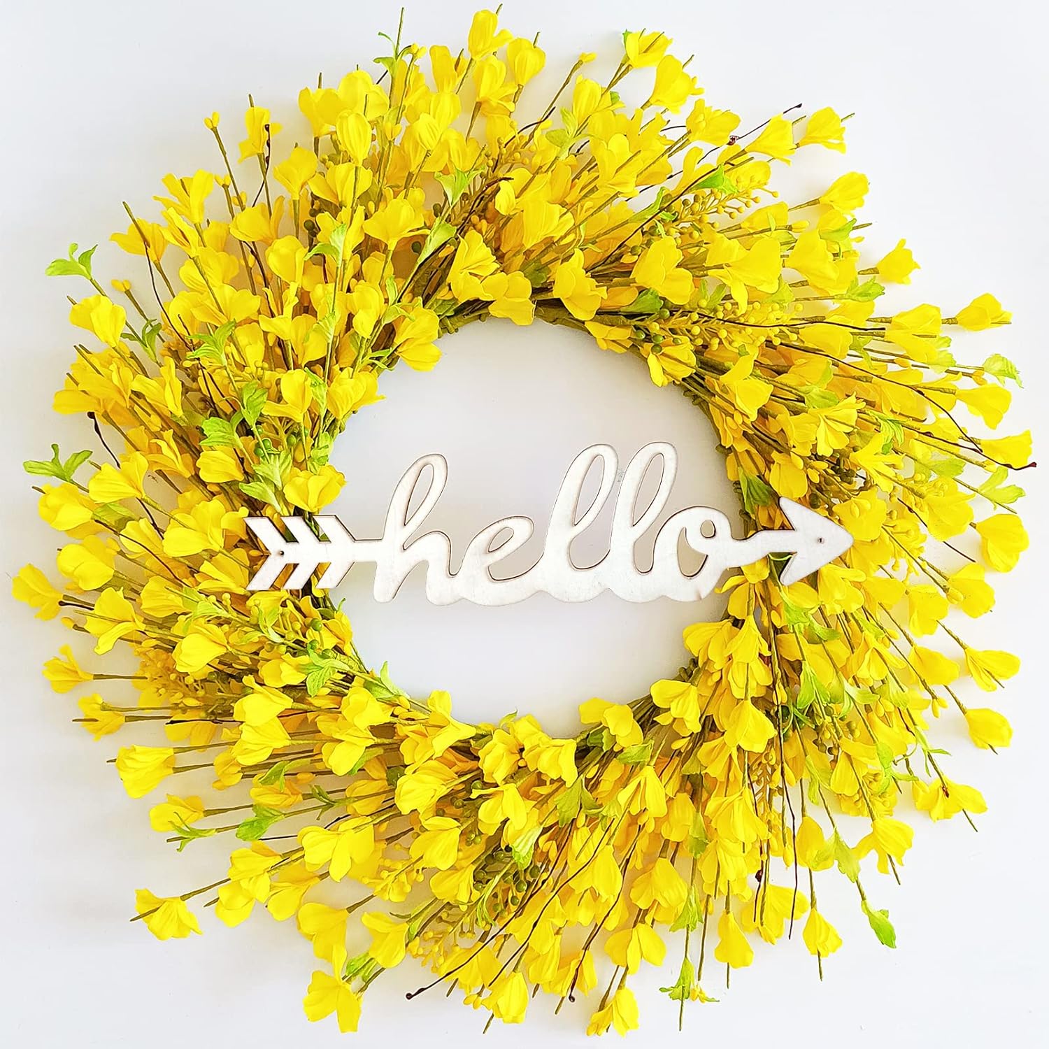 Yellow Forsythia Door Wreath with Hello Sign, 22 inch Spring and Summer Wreaths Decorations