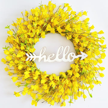 Yellow Forsythia Door Wreath with Hello Sign, 22 inch Spring and Summer Wreaths Decorations