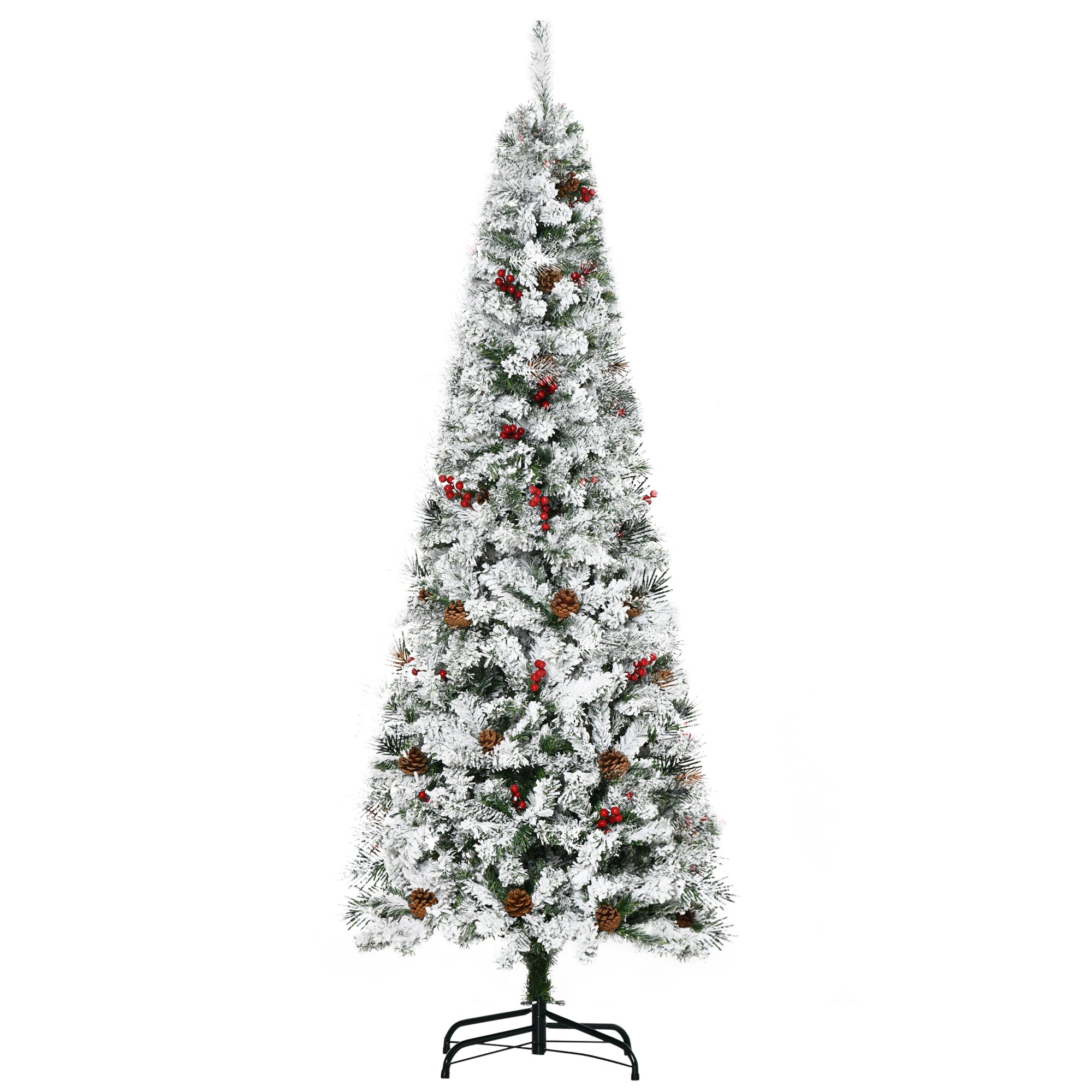 6' Pencil Snow Flocked Artificial Christmas Tree with 600 Pine Realistic Branches, Pine Cones, Red Berries, Auto Open, Green