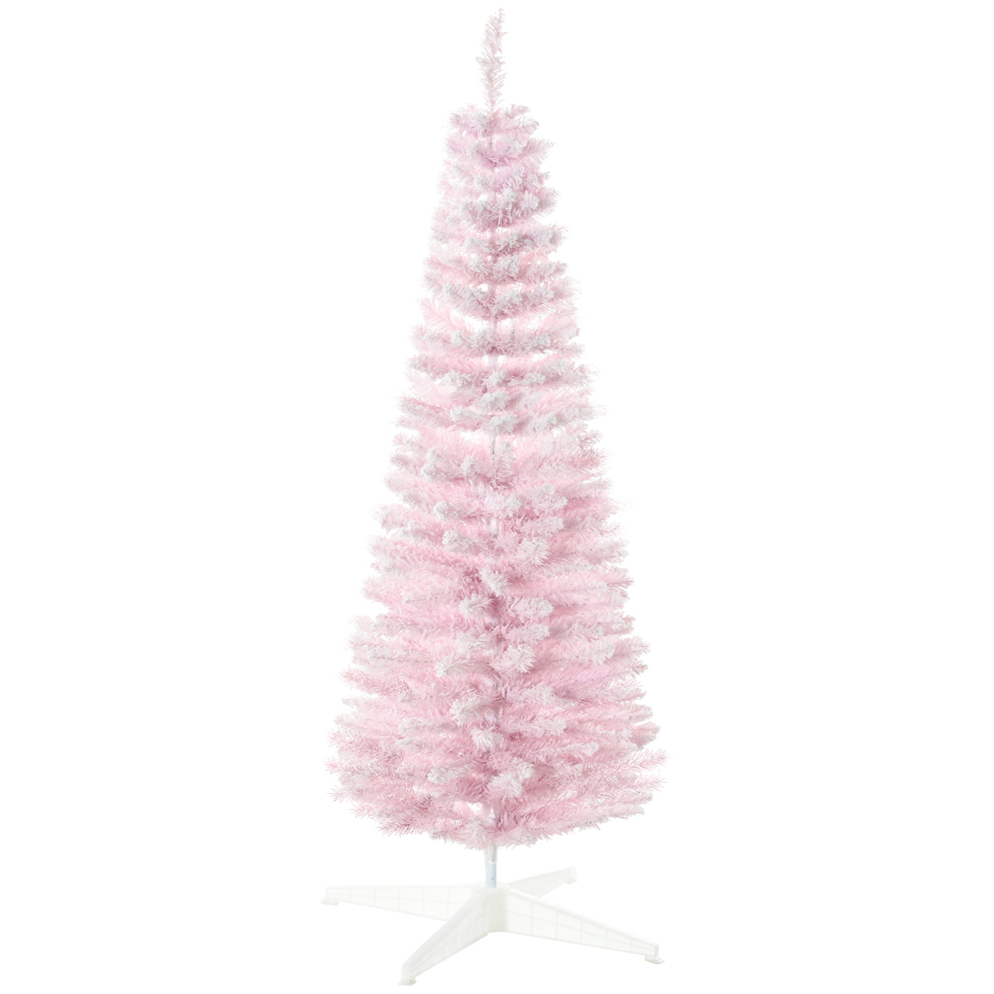 5' Snow Flocked Artificial Pencil Christmas Tree, Slim Xmas Tree with Realistic Branches and Plastic Base Stand for Indoor Decoration, Pink