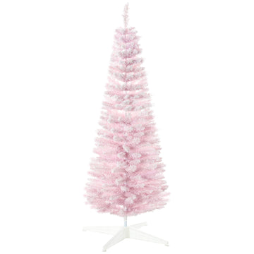 5' Snow Flocked Artificial Pencil Christmas Tree, Slim Xmas Tree with Realistic Branches and Plastic Base Stand for Indoor Decoration, Pink