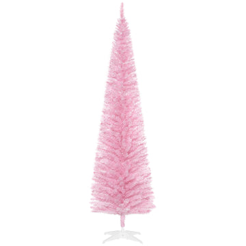 7' Artificial Pencil Christmas Tree, Slim Xmas Tree with 499 Realistic Branch Tips and Plastic Stand, Pink