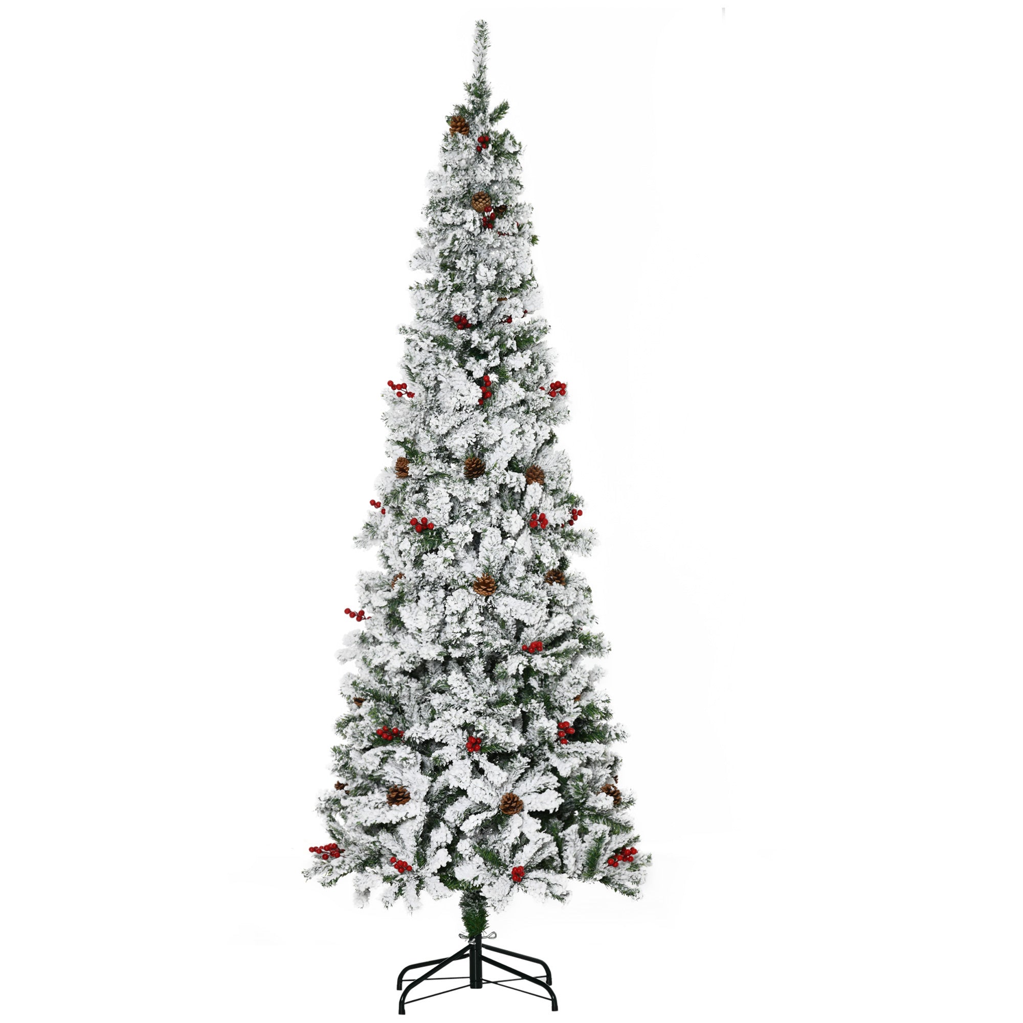 7.5' Pencil Snow Flocked Artificial Christmas Tree with 600 Pine Realistic Branches, Pine Cones, Red Berries, Auto Open, Green