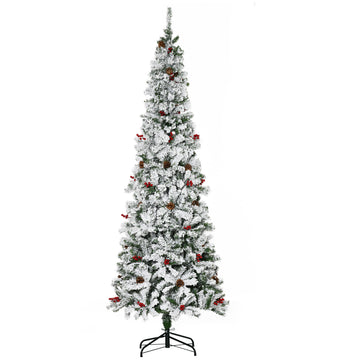 7.5' Pencil Snow Flocked Artificial Christmas Tree with 600 Pine Realistic Branches, Pine Cones, Red Berries, Auto Open, Green