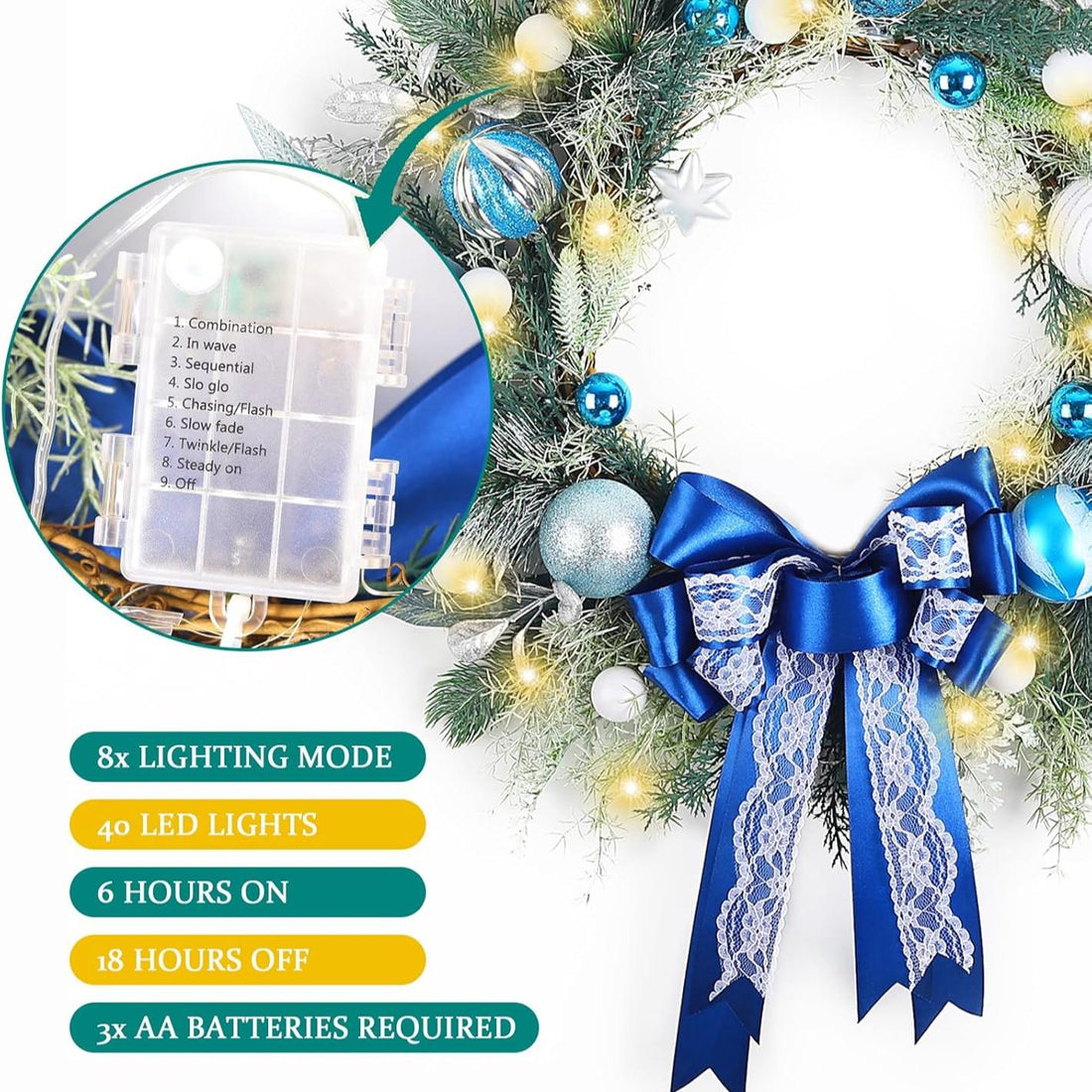 Prelit Christmas Wreath with Blue Bow and Ball Ornaments 22 Inch Christmas Wreath with Lights for Front Door Battery Operated Timer 40 LED Lights, Holiday Decoration for Fireplace Xmas Decor