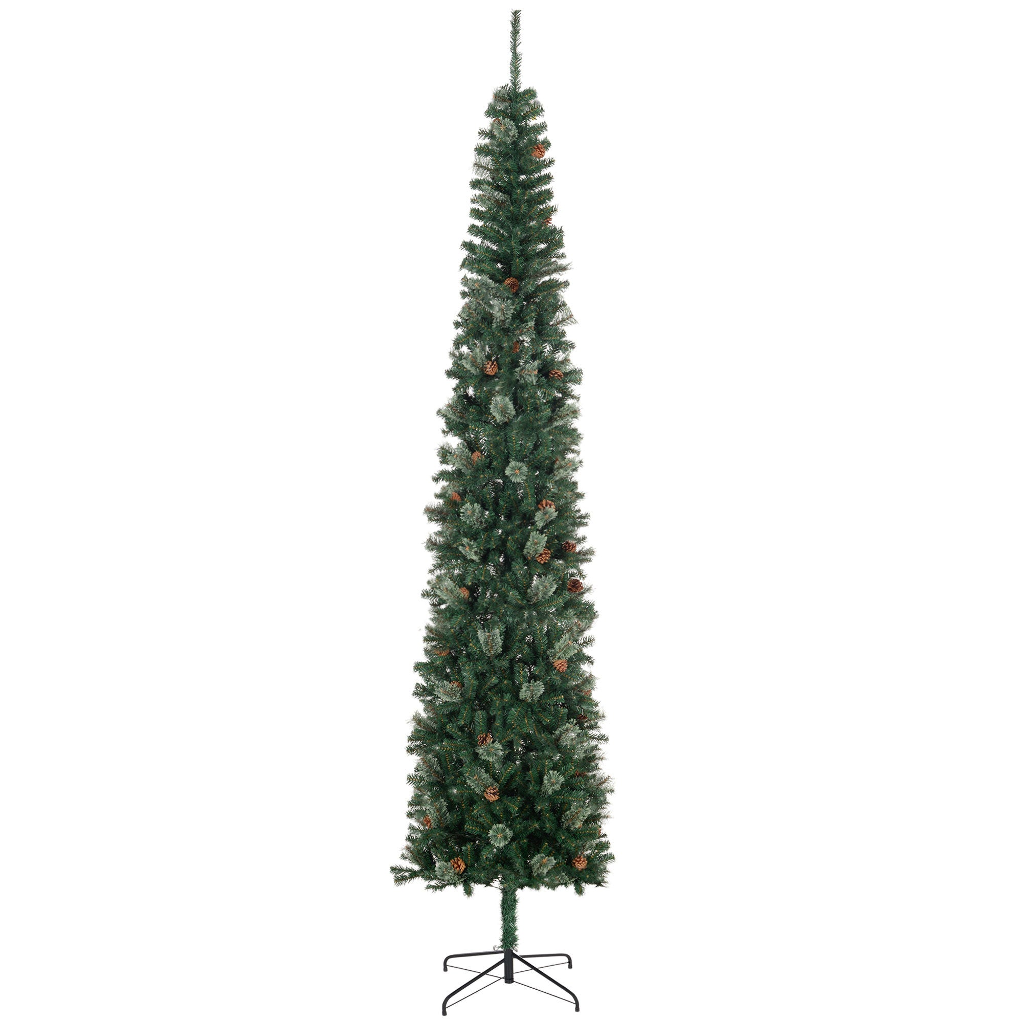 9.5 Foot Pencil Artificial Christmas Tree, Slim Pine Needles Xmas Tree with Realistic Branches, Pine Cones, Metal Base, Green