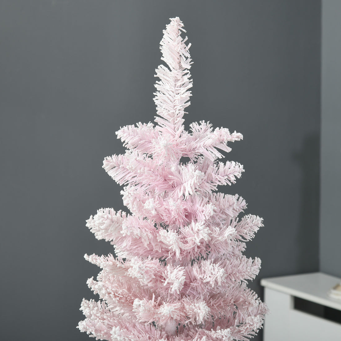 5' Snow Flocked Artificial Pencil Christmas Tree, Slim Xmas Tree with Realistic Branches and Plastic Base Stand for Indoor Decoration, Pink