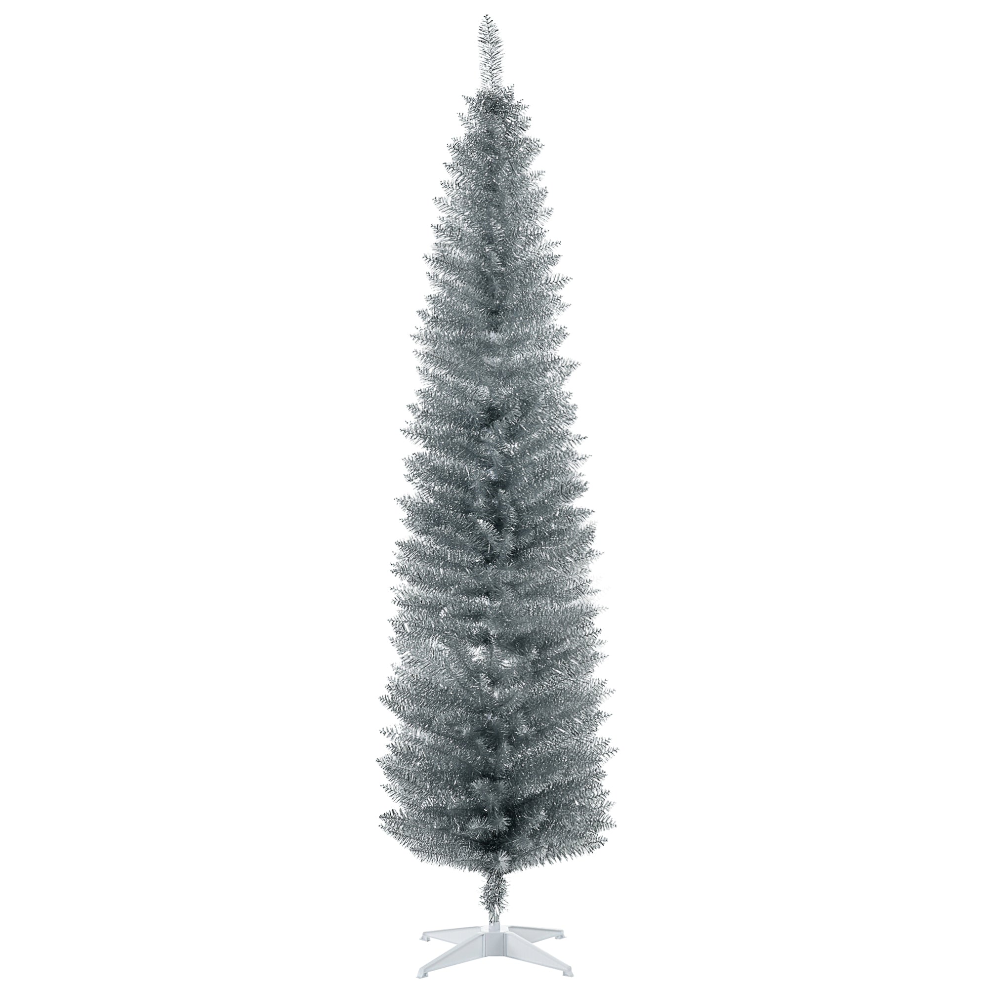 7' Artificial Pencil Christmas Tree, Slim Xmas Tree with 499 Realistic Branch Tips and Plastic Stand, Silver