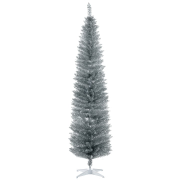 7' Artificial Pencil Christmas Tree, Slim Xmas Tree with 499 Realistic Branch Tips and Plastic Stand, Silver