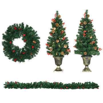 Prelit Holiday Christmas 4-Piece Set, Garland Wreath and Set of 2 Entrance Trees with Warm White LED Lights, Red Berries, Pine Cones, Green