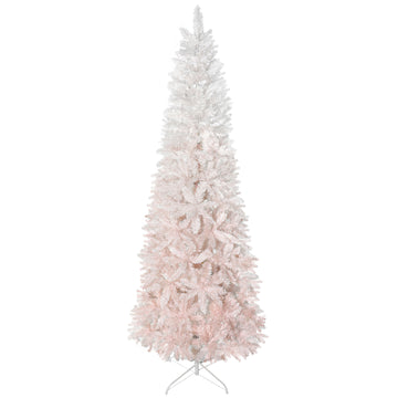 7' Tall Unlit Pencil Fir Artificial Christmas Tree with Realistic Branches and Steel Base, Pink and White