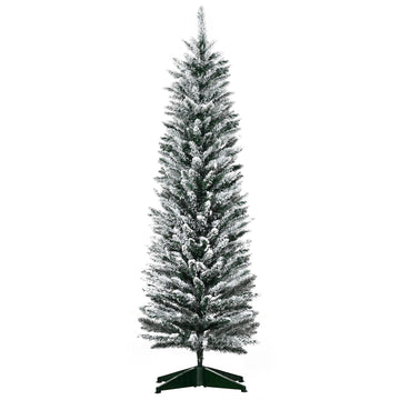 5' Snow Flocked Artificial Pencil Christmas Tree, Slim Xmas Tree with Realistic Branches and Plastic Base Stand for Indoor Decoration, Green