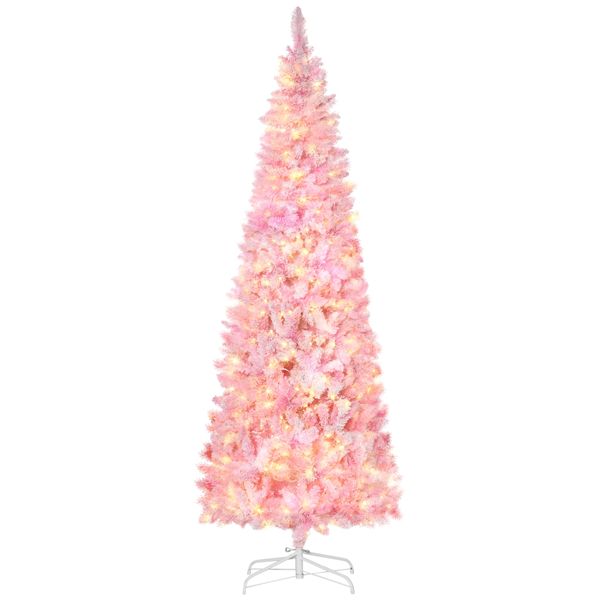 7.5ft Prelit Snow Flocked Artificial Christmas Tree with Pencil Shape, Pine Realistic Branches, Warm White LED lights, Auto Open, Pink and White