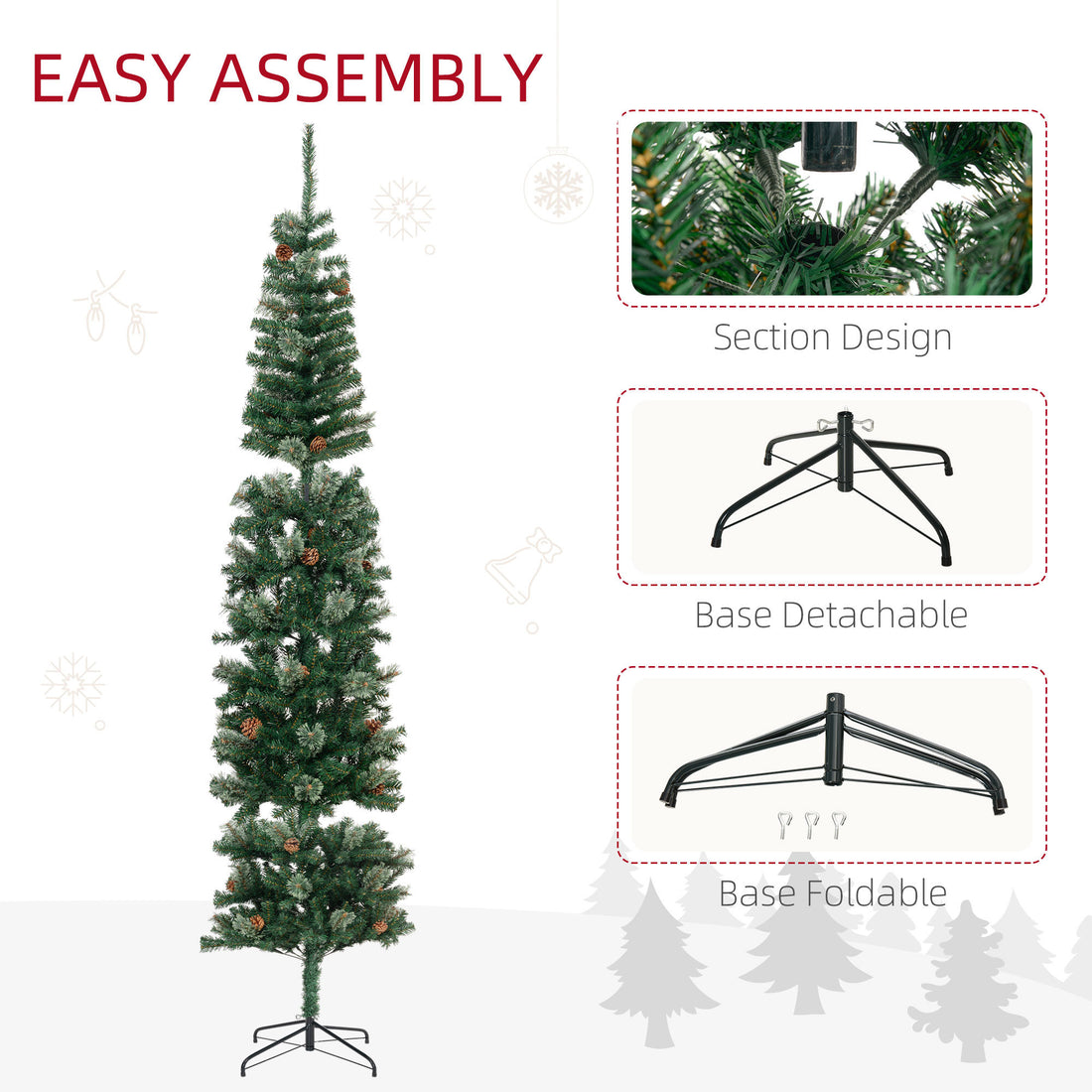 9.5 Foot Pencil Artificial Christmas Tree, Slim Pine Needles Xmas Tree with Realistic Branches, Pine Cones, Metal Base, Green