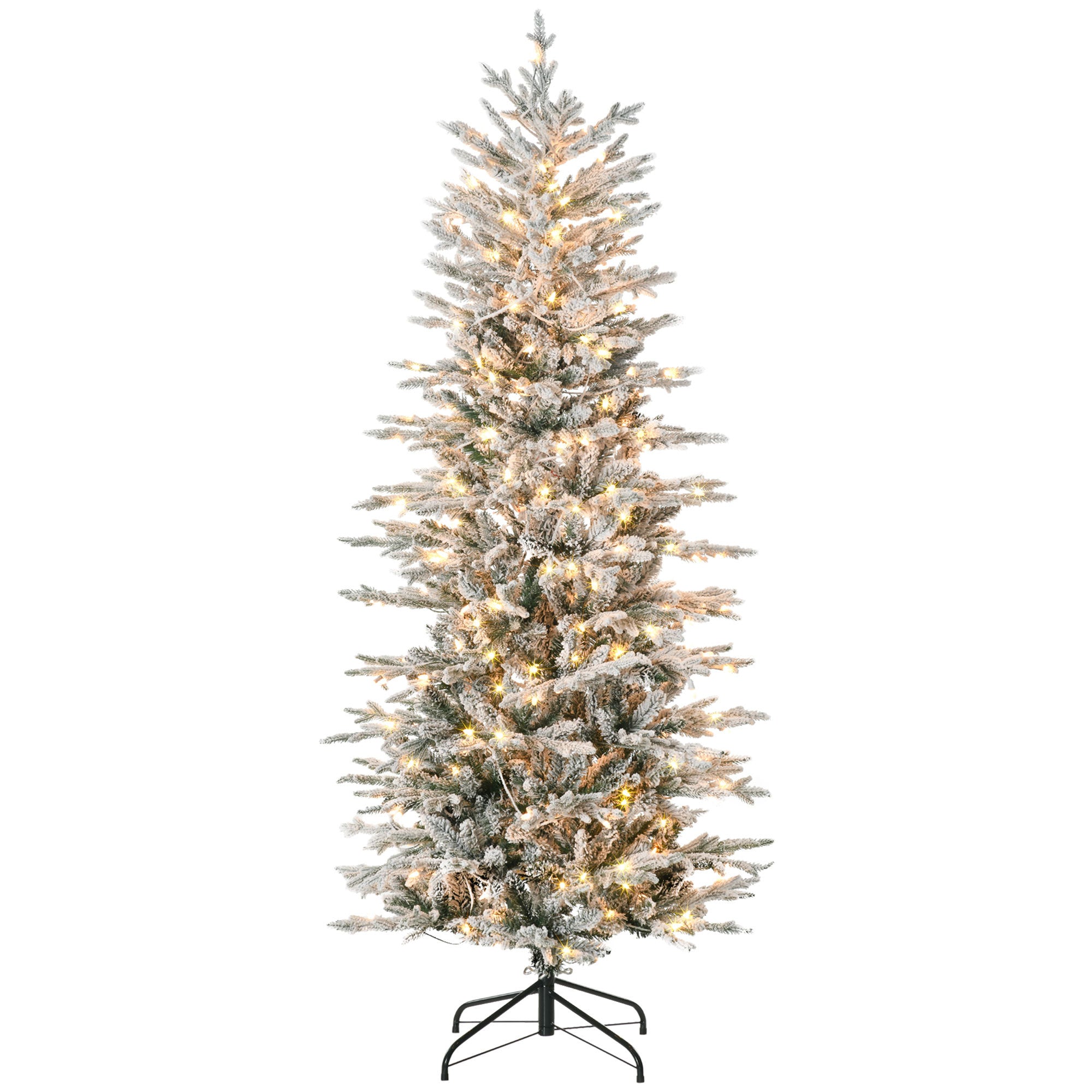 6ft Tall Prelit Artificial Christmas Tree Holiday Décor with 636 Snow Flocked Branches, 250 Warm Yellow Clear Lights, Auto Open, Extra Bulb