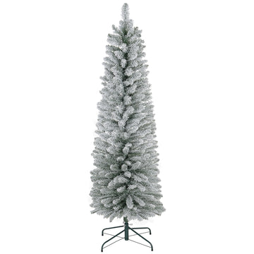 5ft Artificial Pencil Christmas Tree with 263 Snow Flocked Tips, Metal Base, Realistic Xmas Tree