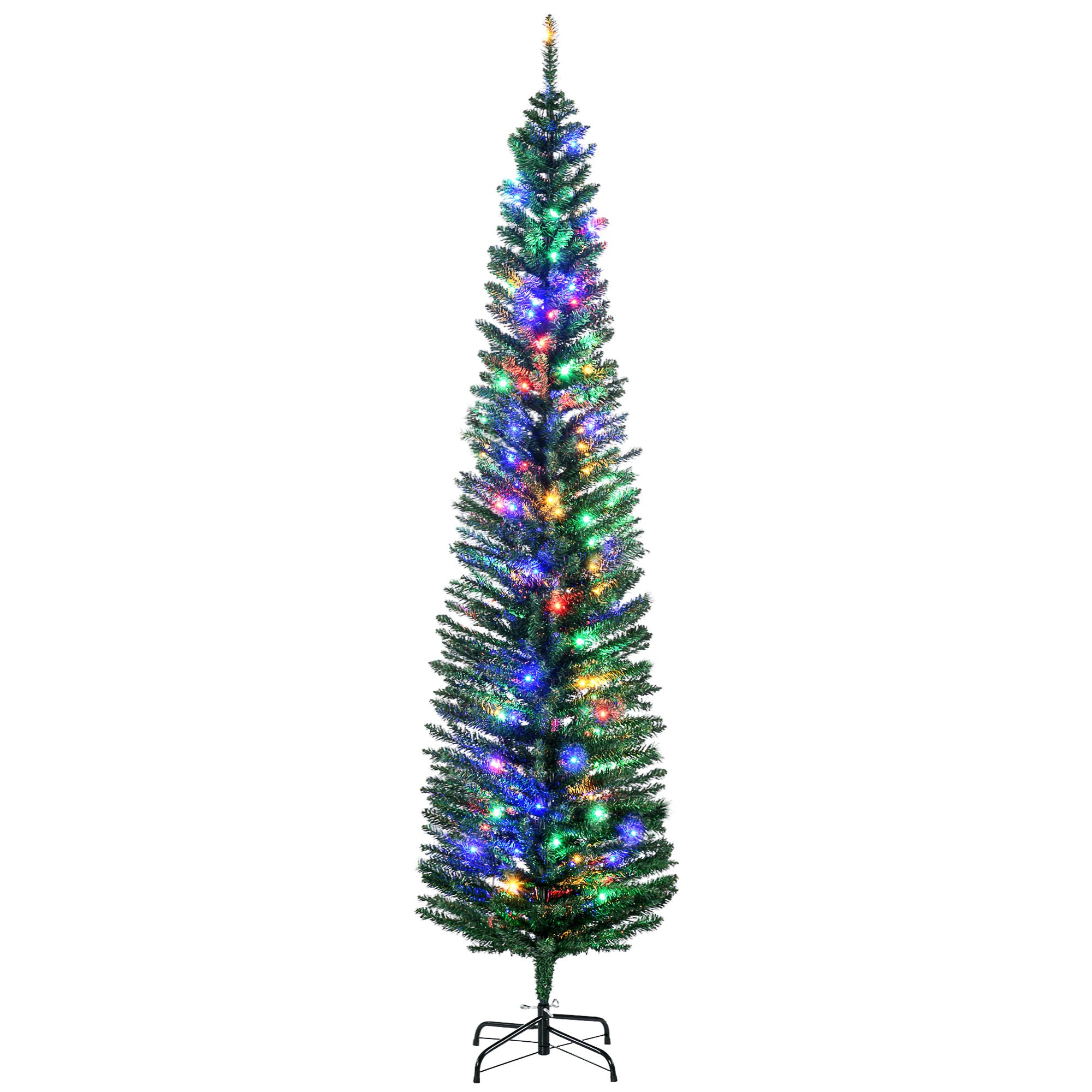 7ft Tall Pencil Prelit Artificial Christmas Tree Holiday Décor with 499 Branches, 180 Colorful LED Lights, Steel Base, Green