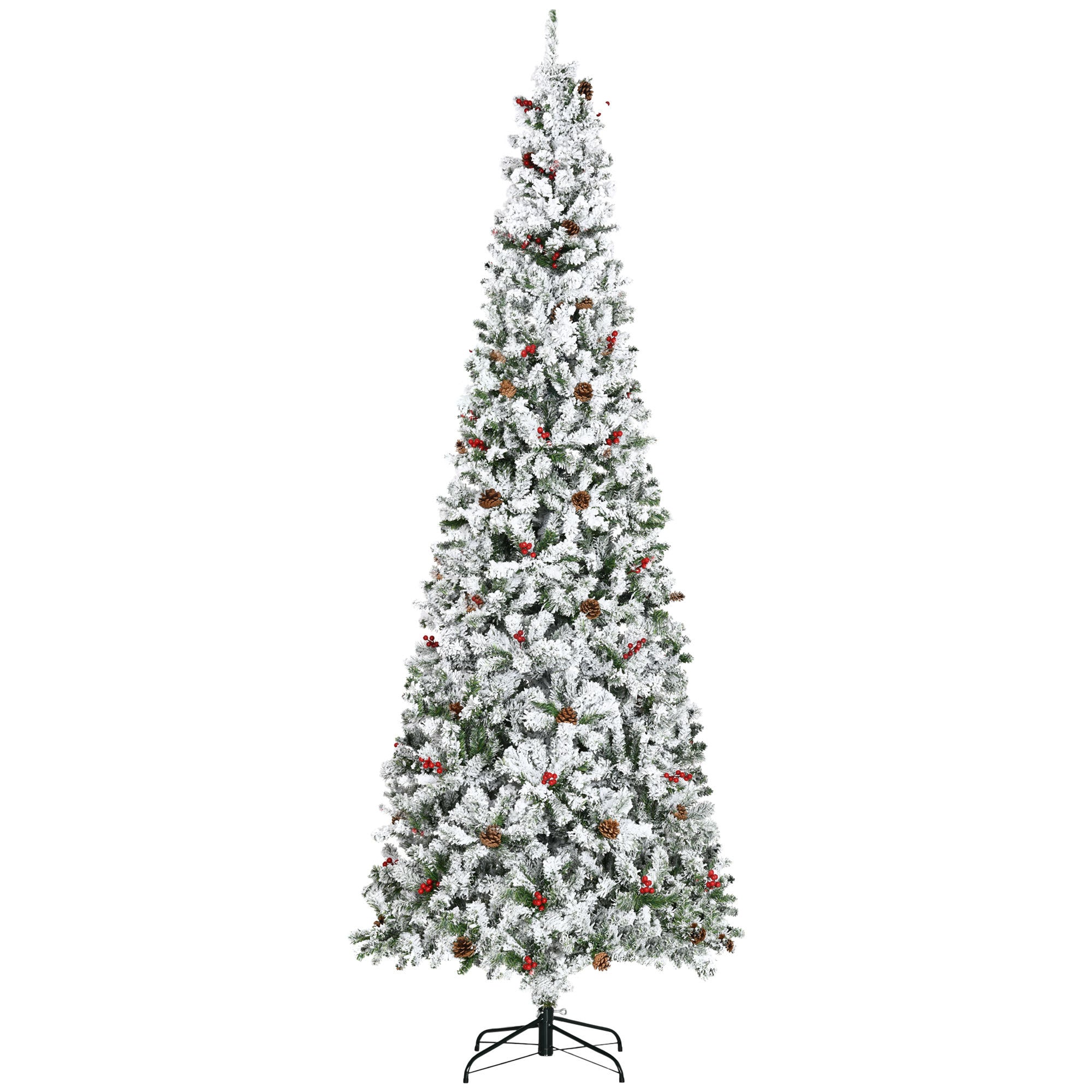 9 Foot Pencil Snow Flocked Artificial Christmas Tree with Pine Realistic Branches, Pine Cones, Red Berries, Auto Open, Green