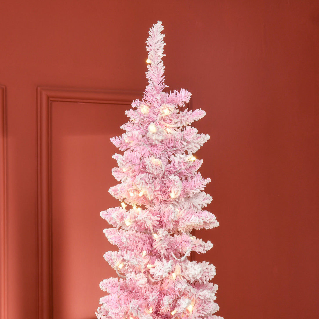 7.5ft Prelit Snow Flocked Artificial Christmas Tree with Pencil Shape, Pine Realistic Branches, Warm White LED lights, Auto Open, Pink and White