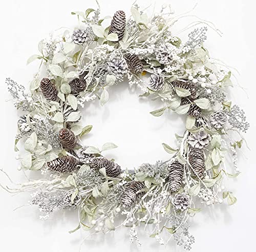 Winter White Berry Wreath 26 Inch with Iced Pine Cones