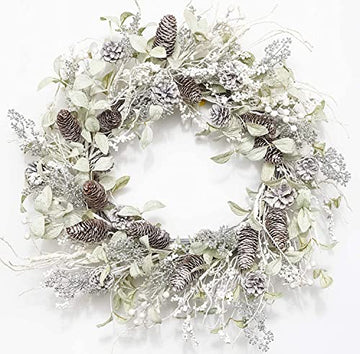 Winter White Berry Wreath 26 Inch with Iced Pine Cones