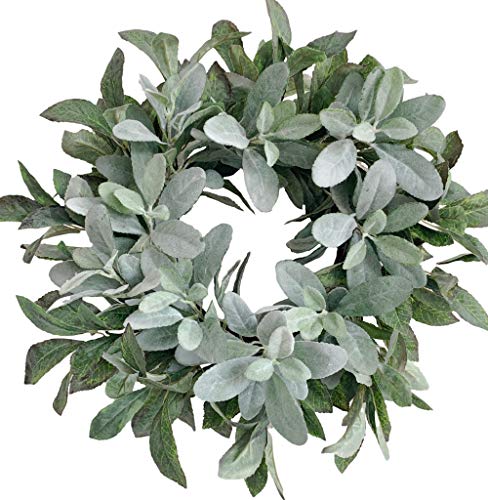 Delicate Spring Tribute: 22-Inch Flocked Lambs Ear Wreath with Greenery Leaves