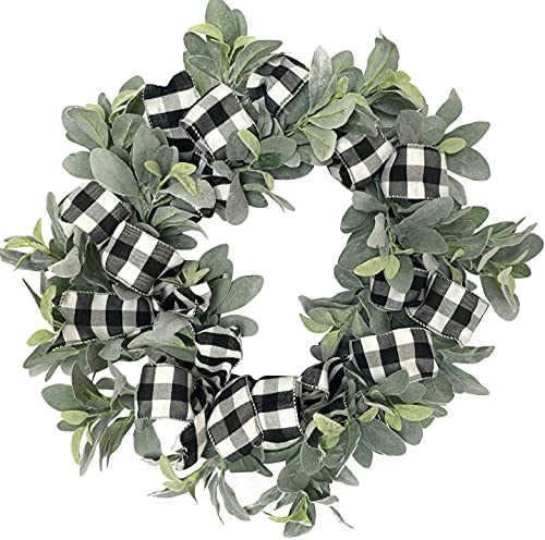 Elegant Farmhouse Charm: 24-Inch Lambs Ear Wreath with Black White Buffalo Plaid