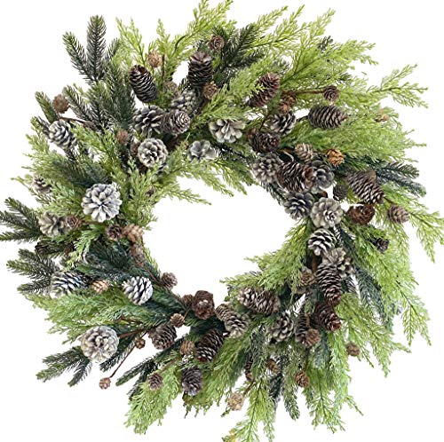 26-Inch Frosted Winter for Front Door Wreath with Thick Pine Cypress and Pinecones