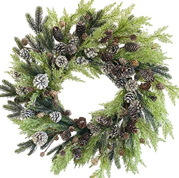 26-Inch Frosted Winter for Front Door Wreath with Thick Pine Cypress and Pinecones