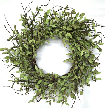 24-Inch Spring Front Door Wreath with Green Tea Leaves Handcrafted Twigs